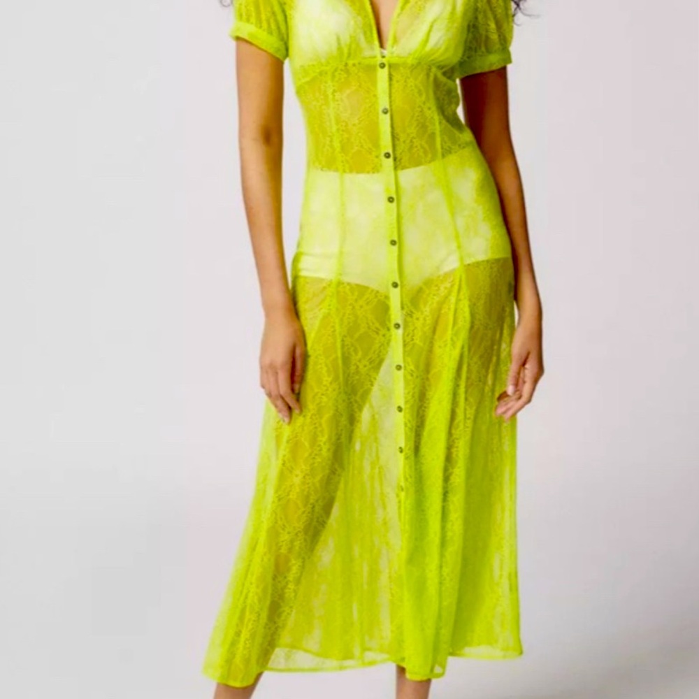 New Urban Outfitters Connie Sheer Lace Maxi Dress Size  Green Short Sleeve - Picture 4 of 13